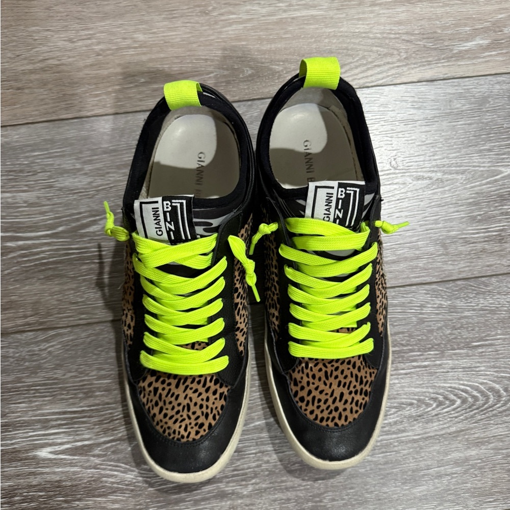 Gianni Bini Black and Neon Green Leopard Sneakers